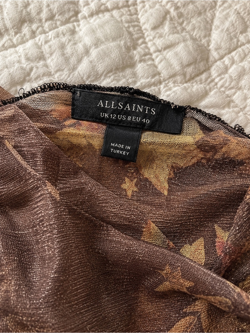 AllSaints Brown Floral Sheer Mesh Ruched Midi Dress UK 12 US 8 - Picture 5 of 10